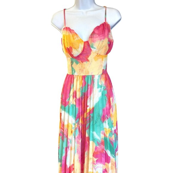 Flying Tomato Colorful Abstract Midi Dress Sweetheart Neckline Pleat Skirt Sz L - Picture 1 of 7